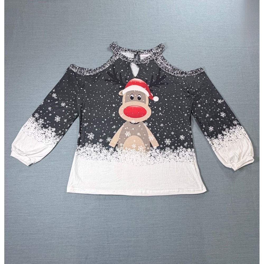 Christmas Reindeer Cold Shoulder Top Gray White Snowflake Holiday Blouse 2XL